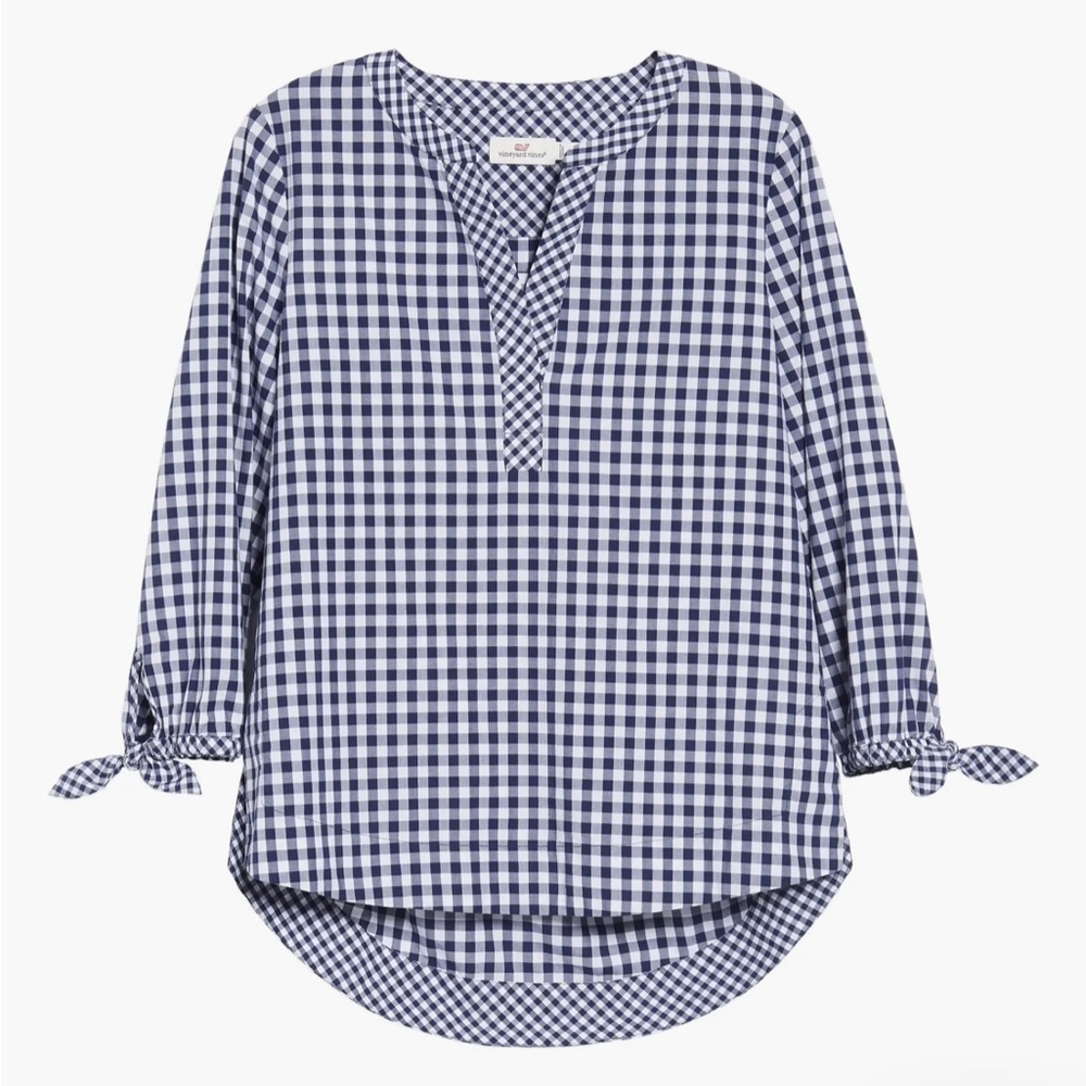 Vineyard Vines 100% Cotton Mixed Gingham Tie Sleeve High Low Hem Pullover Top S